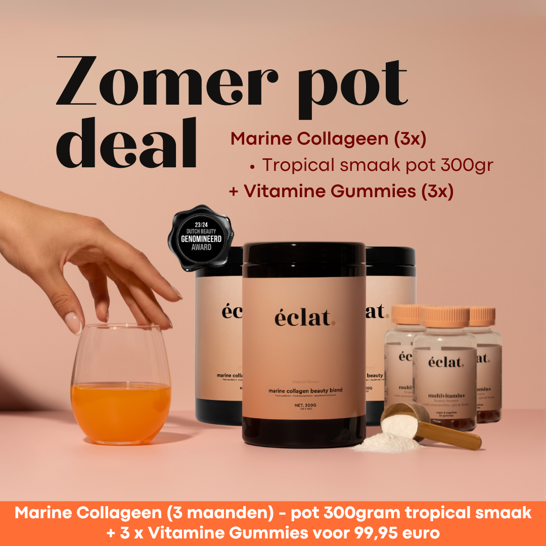 Zomer 2025 Pot Deal Tropical Pot: Marine (Vis) Collageen Beauty Blend (pot - 300 gram - 30 doseringen - tropical) 3x + Vitamine Gummies (3x)
