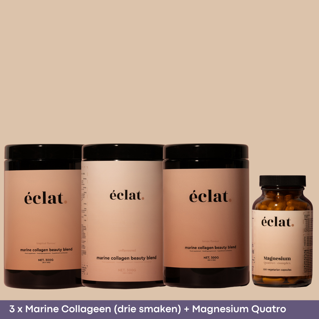 Collageen + Magnesium Deal: 3 x Smaken Marine Collageen (pot - 300 gram - 30 doseringen - citroen, smaakloos en tropical) + Magnesium Quatro Complex
