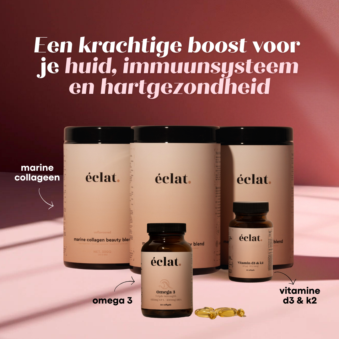 Lente Deal - 3 smaken bundel: Vis Collageen (pot - 300 gram - 30 doseringen - citroen, smaakloos en tropical) + Omega 3 (Triple Strength) + Vitamine D3&K2
