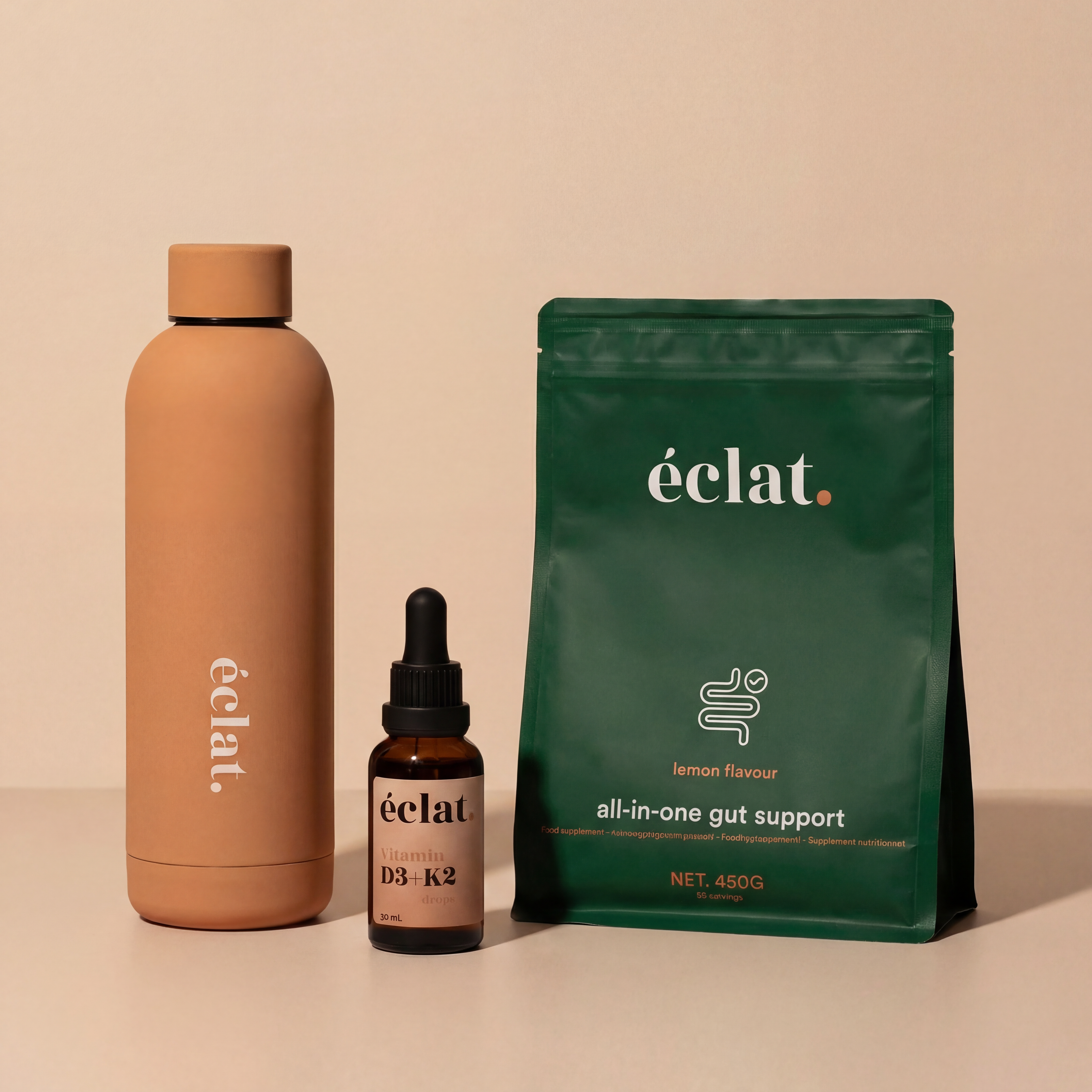 Goede Gewoontes Bundel: 1x All-in-one Gut Support, 1x Jaarvoorraad Vitamine D3 en 1x Bidon (RVS)