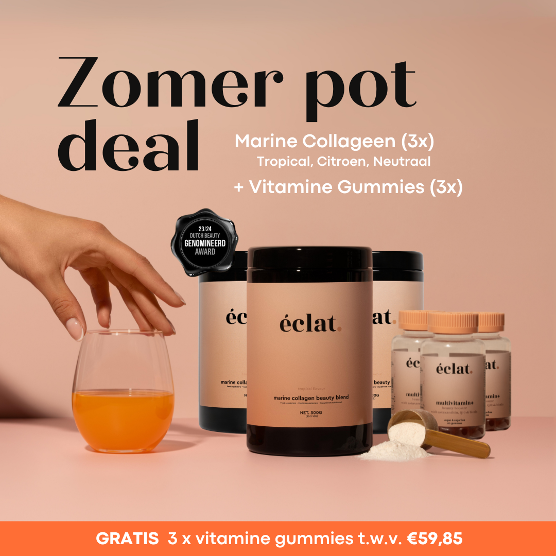 Zomer 2025 Pot Deal - 3 smaken bundel: Vis Collageen (pot - 300 gram - 30 doseringen - citroen, smaakloos en tropical) + Vitamine Gummies (3x)