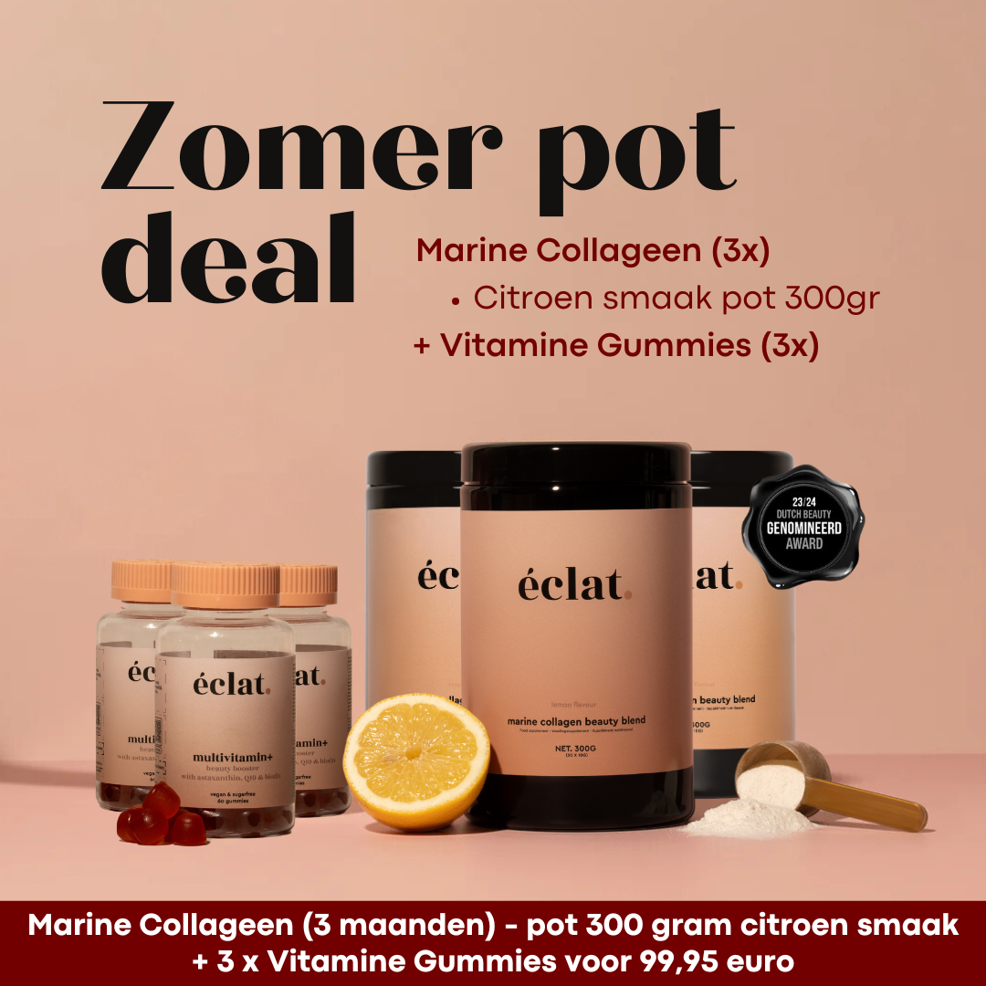Zomer 2025 Pot Deal Citroen Pot: Marine (Vis) Collageen Beauty Blend (pot - 300 gram - 30 doseringen - citroen) 3x + Vitamine Gummies (3x)