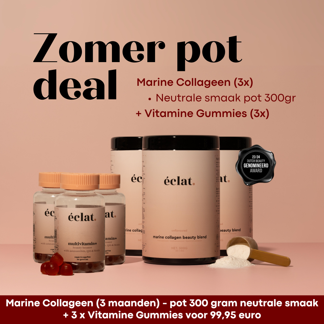 Zomer 2025 Pot Deal Neutraal Smaak Pot: Marine (Vis) Collageen Beauty Blend (pot - 300 gram - 30 doseringen - neutraal) 3x + Vitamine Gummies (3x)