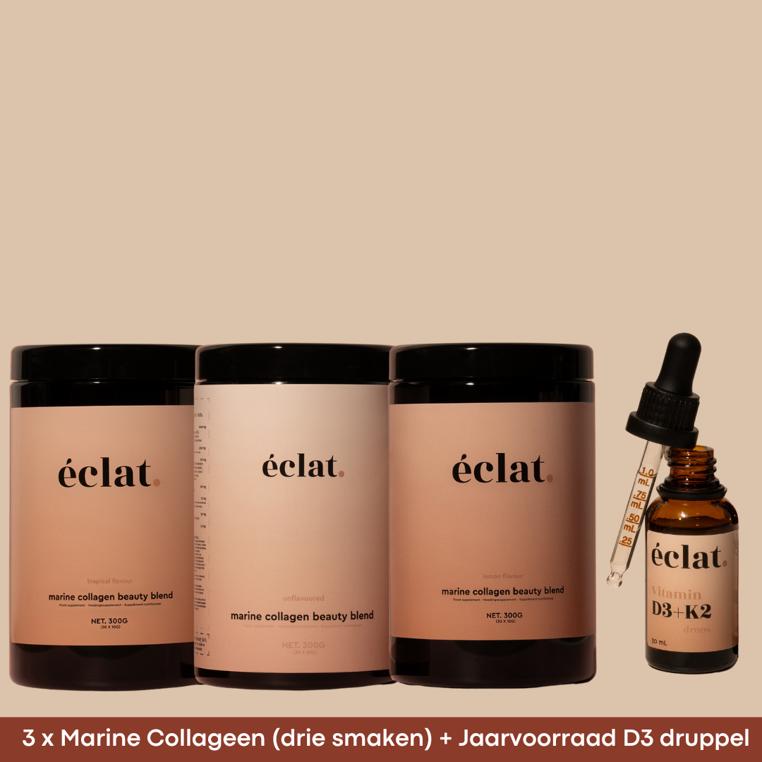 Speciale actie: Speciale actie: 3 x Marine Collageen Potten (3 smaken) + GRATIS jaarvoorraad Vitamine D3 Druppels