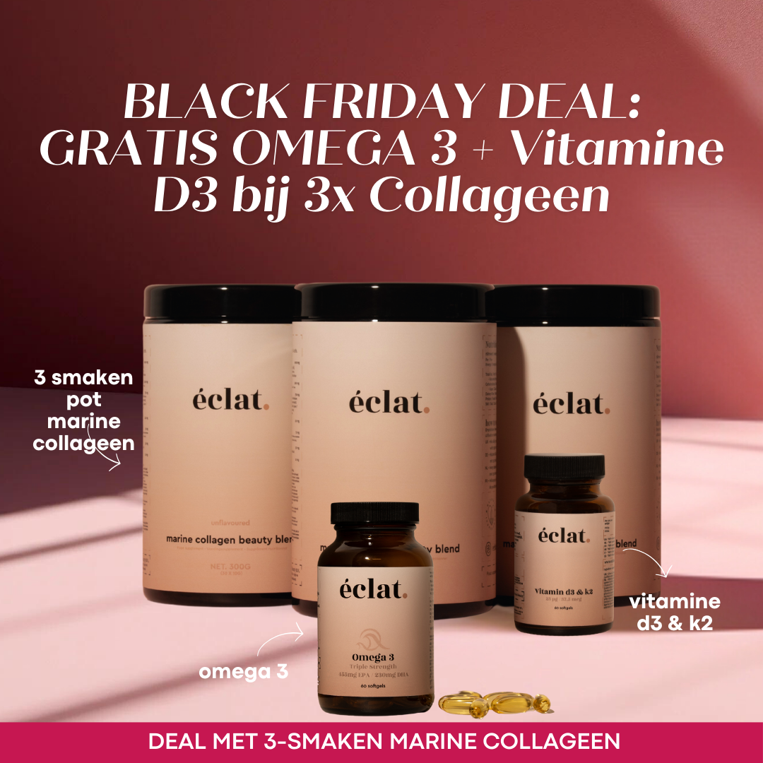 Black Friday 3 smaken bundel:  Vis Collageen (pot - 300 gram - 30 doseringen - citroen, smaakloos en tropical) + Omega 3 (Triple Strength) + Vitamine D3&amp;K2