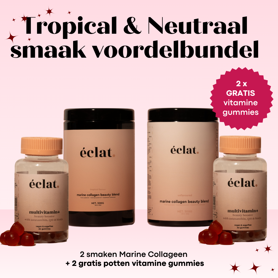 2 smaken voordeelbundel: Vis Collageen (pot - 300 gram - 30 doseringen - smaakloos en tropical) + Vitamine Gummies (2x)