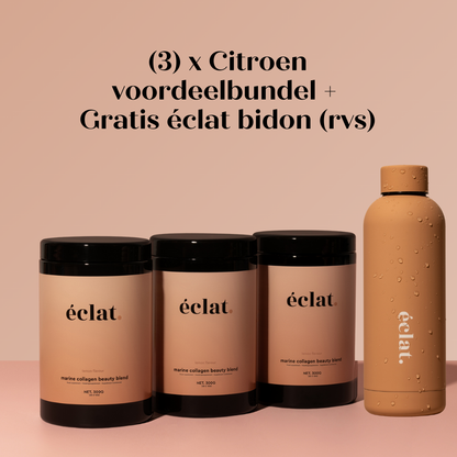 Marine (Vis) Collageen Beauty Blend (pot - 300 gram - 30 doseringen - citroen) 3x + - éclat roestvrij staal Bidon