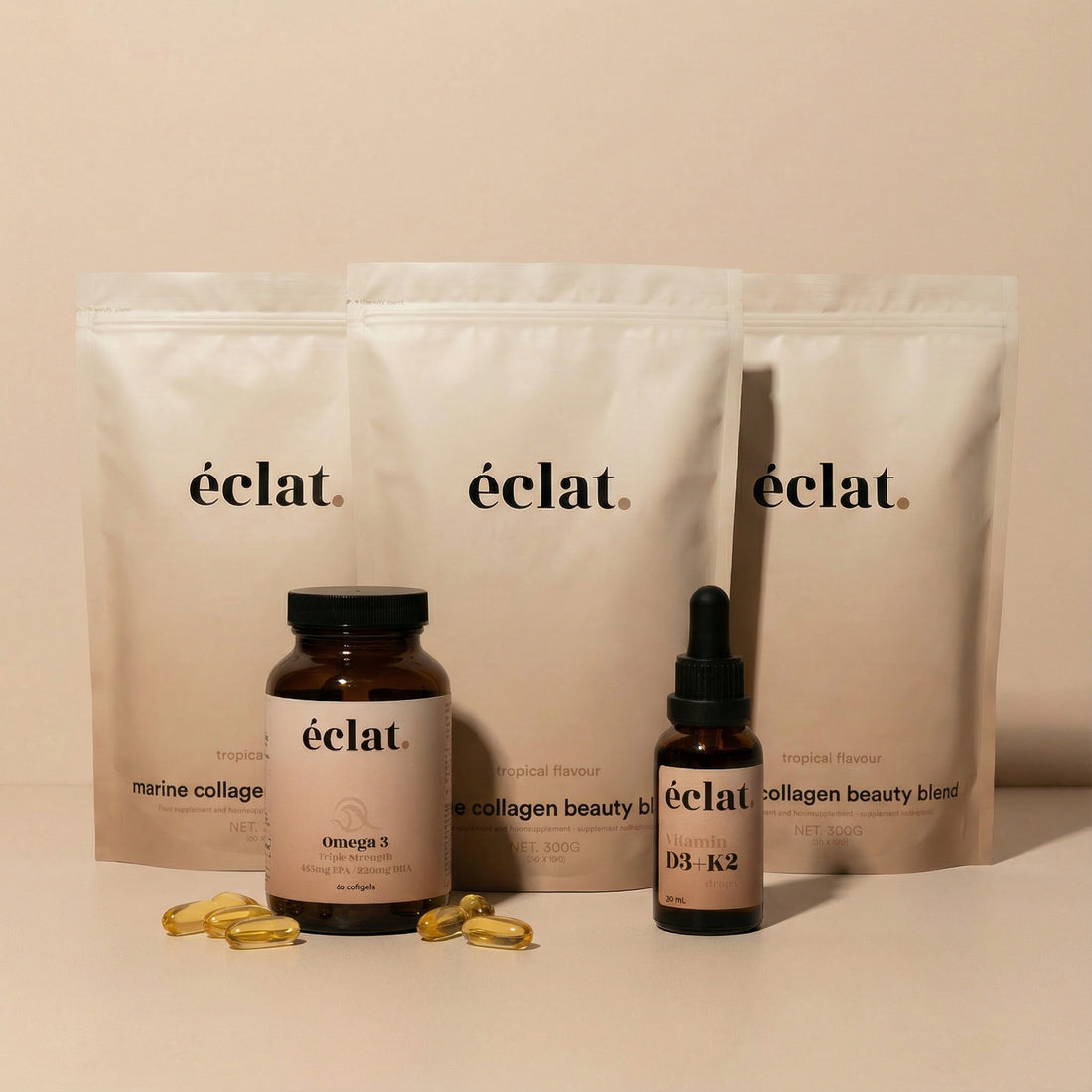 Kerstdeal Marine - 3x Marine Collageen + 1x Omega 3 (Triple Strength)  + Jaarvoorraad Vitamine D3 + K2 druppels