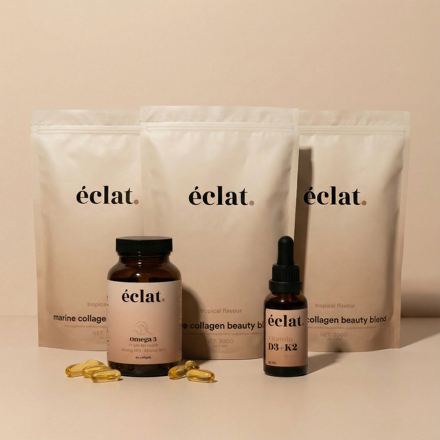 Kerstdeal Marine - 3x Marine Collageen + 1x Omega 3 (Triple Strength)  + Jaarvoorraad Vitamine D3 + K2 druppels