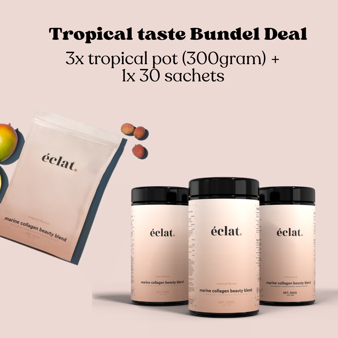 Tijdelijke deal: Marine (Vis) Collageen Beauty Blend Tropical pot 300 gram (3x) + 1x Tropical Sachets